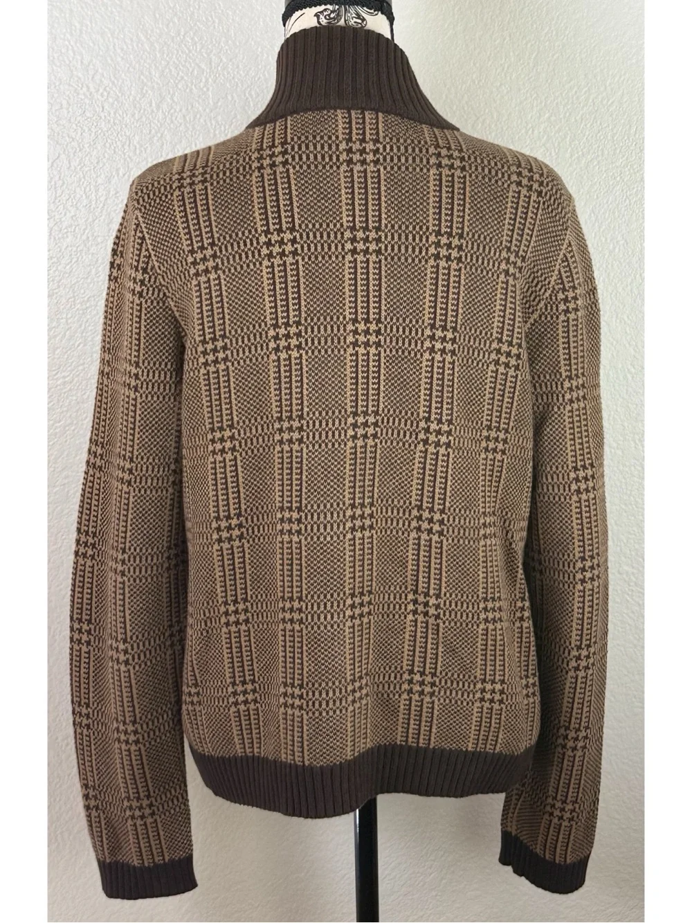 Lauren Ralph Lauren Houndstooth Plaid Knit Zip-Up Cardigan Jacket Large